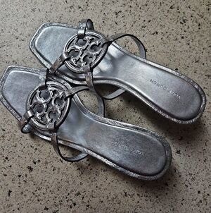 Tory Burch Metallic Silver Logo Slide Sandals